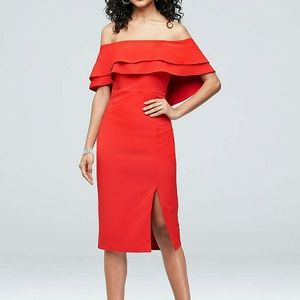 Red Flounced Crepe Off the Shoulder Dress